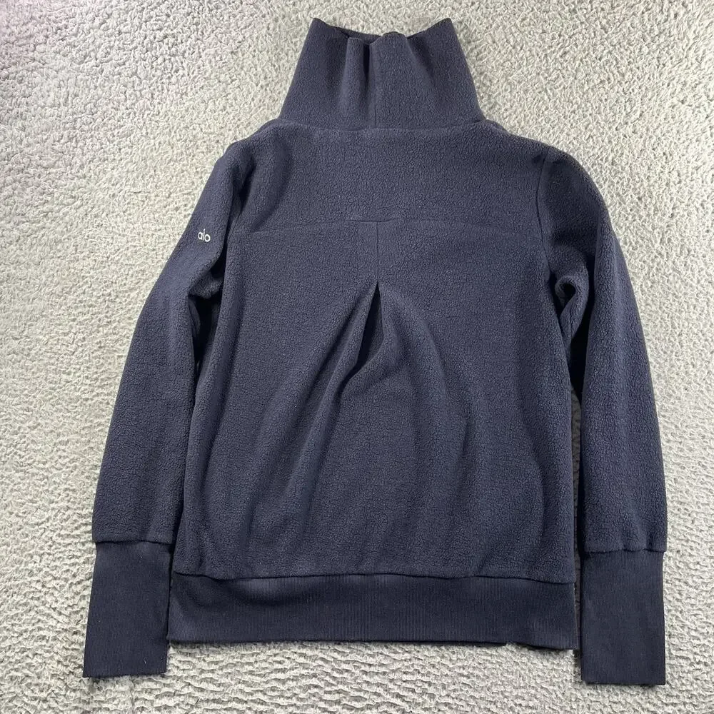 Alo Yoga Haze Funnel Neck Fleece Pullover Navy Blue Thumbholes Pleated Back S